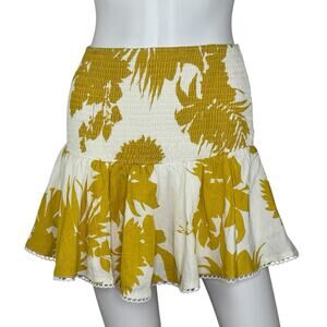 Women’s Size S Mini Skirt Lace Ruffle Shirred Floral Ivory Gold Coquette Boho